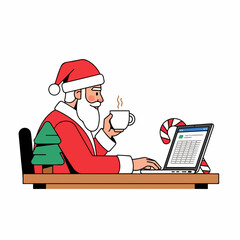 Modern Santa Claus working on a laptop and drinking coffee at his desk.
