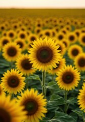 Fototapeta premium A single vibrant yellow sunflower stands tall and prominent against a huge backdrop of blurred sunflowers in a sunny agricultural field ,natural light ,outdoor ,petals