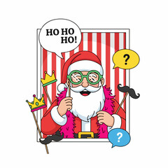 Funny Santa Claus character in a Christmas photo booth with props.