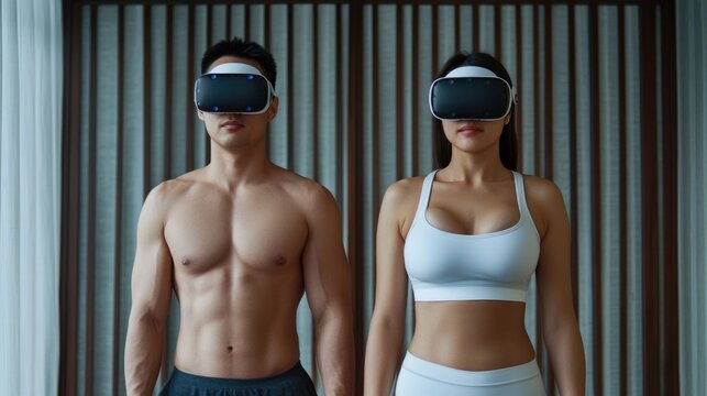 Young Asian couple wearing virtual reality headsets and engaging in a fitness game together in their modern well equipped home gym - Powered by Adobe