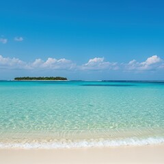 Obraz premium Crystal clear turquoise lagoon water gently lapping against a white sand beach near an uninhabited tropical island shoreline view ,outdoor ,coral ,paradise