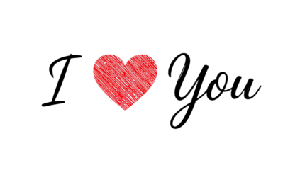 A simple minimalist graphic featuring the romantic inscription 'I Love You' with a hand-drawn red scribble heart on a clean white background