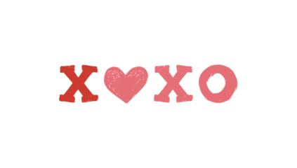 A simple minimalist graphic featuring the romantic message XOXO with a textured pink heart, representing love, hugs, and kisses for Valentine's Day greetings