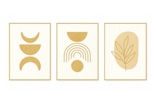 Abstract minimalist boho wall art triptych on transparent background
