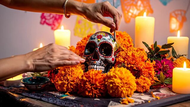 Hands Decorating a Day of the Dead Altar with Marigolds and a Sugar Skull.