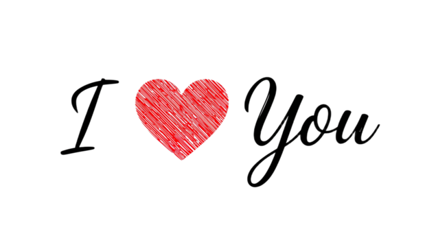 A simple minimalist graphic featuring the romantic inscription 'I Love You' with a hand-drawn red scribble heart on a clean white background