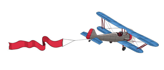 Biplane flying with red ribbon banner