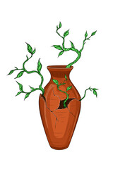 Ancient clay vase with growing sprout