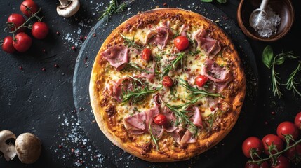 Delicious prosciutto pizza with fresh tomatoes and rosemary on a dark stone surface perfect for culinary enthusiasts and food bloggers
