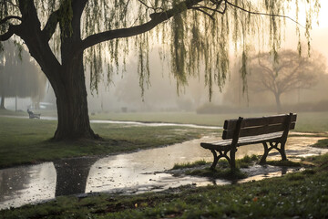 A photograph a solitary, wooden bench nestled