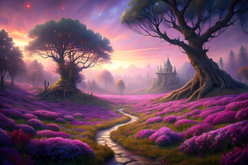 A breathtaking photograph of a surreal fantasy landscape featuring a wide, winding path meandering through a sprawling field of blooming purple