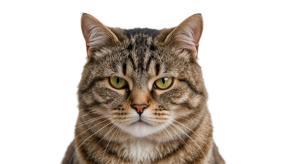 Detailed lucid realism studio portrait of a brown tabby cat with an intense gaze, isolated on a stark white backdrop