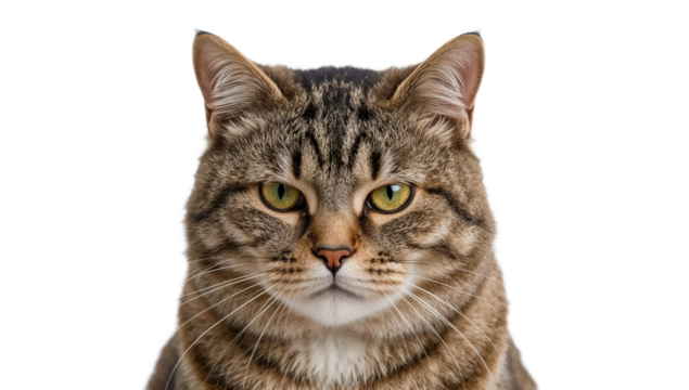 Detailed lucid realism studio portrait of a brown tabby cat with an intense gaze, isolated on a stark white backdrop