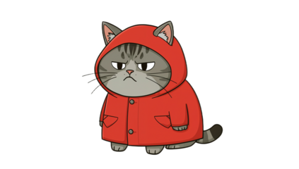 Cartoon Cat in Red Raincoat Cute Feline Illustration with Grumpy Expression