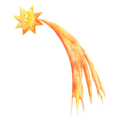 Comet watercolor illustration. Burning comet. Universe, space, galaxy, sky. Atlas. Astronomy science. Celestial body. Isolated illustration. For print and electronic media.