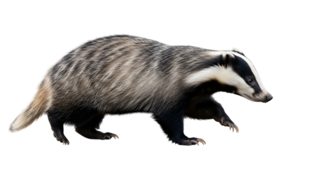 Badger Strolling Forward: A solitary badger confidently strides forward, its distinctive striped face and robust body framed against a background.