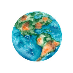 Earth planet watercolor illustration. Planet illustration. Solar system. Universe, space, galaxy, planet. Atlas. Astronomy science. Celestial body. Isolated illustration. For print 