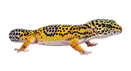 Leopard Gecko: A detailed capture of a leopard gecko showcasing its unique spotted pattern and vibrant colors, posing elegantly against a simple backdrop.