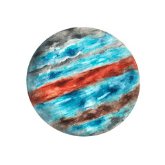 Jupiter planet watercolor illustration. Planet illustration. Solar system. Universe, space, galaxy, planet. Atlas. Astronomy science. Celestial body. Isolated illustration. For print 