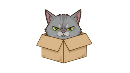 A grumpy gray cat with an angry expression and bright green eyes sits inside a cardboard box, isolated digital cartoon illustration