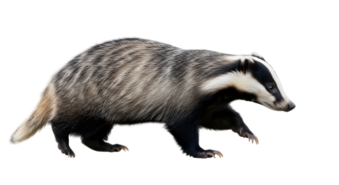 Badger Strolling Forward: A solitary badger confidently strides forward, its distinctive striped face and robust body framed against a background.