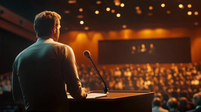A man standing at a microphone in front of an audience, likely giving a lecture or speech during a conference event.