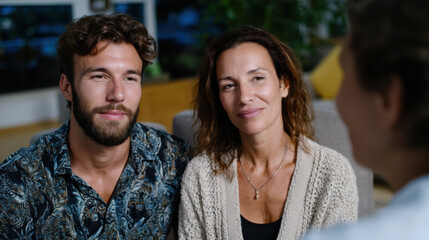 Fototapeta premium A candid moment shared between a couple in a relaxed indoor setting, capturing their connection and warmth through genuine smiles and intimate body language amid soft lighting.