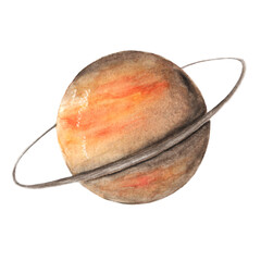 Saturn planet watercolor illustration. Planet illustration. Solar system. Universe, space, galaxy, planet. Atlas. Astronomy, science. Celestial body. Isolated illustration. For print