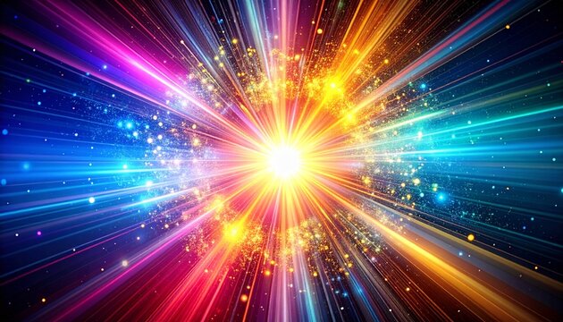 Colorful Starburst Light Explosion on Dark Background　鮮やかな光の爆発と放射状の七色の光線　デジタルイラスト
