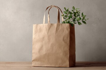 A light beige paper tote bag sits on a light wooden surface, showcasing a neutral color scheme and natural elements.