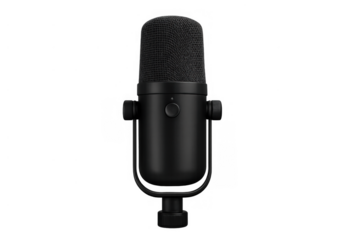 Black studio microphone for podcasting, broadcasting, recording audio and streaming on transparent background