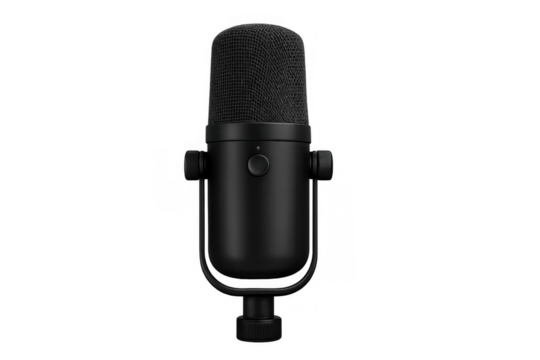 Black studio microphone for podcasting, broadcasting, recording audio and streaming on transparent background