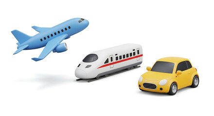 Fototapeta premium Transportation icons Airplane, Train, and Car isolated on white for travel and movement themes