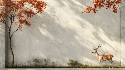 Majestic deer standing in a lush autumnal forest with vibrant orange and red leaves surrounded by a serene meadow and rays of sunlight filtering through the trees creating a harmonious natural scene