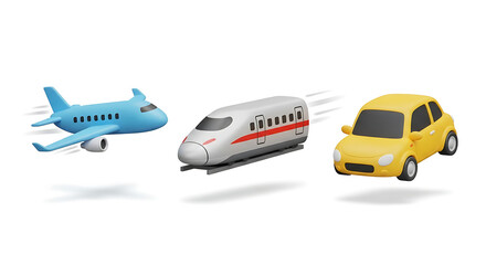 A vibrant 3D illustration showcases a trio of transportation methods a blue airplane in motion, a sleek bullet train, and a cheerful yellow car against a clean white backdrop
