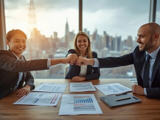 Three businesspeople in a modern office are giving each other high-fives over documents. Concept of teamwork, success, and collaboration in a professional environment.