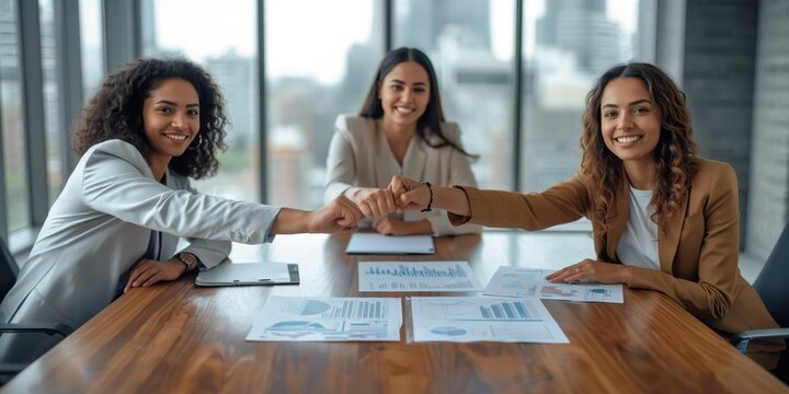 Two businesswomen in suits high-five across a table covered with charts and documents in a modern office setting. Concept of teamwork, collaboration, and achieving shared business goals is conveyed.