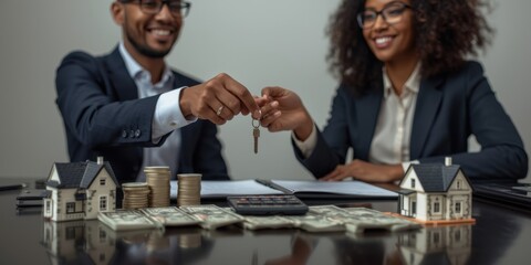 Two professionals are handing over keys across a table with money and documents. Concept of property transfer, real estate transaction, or financial agreement is illustrated.