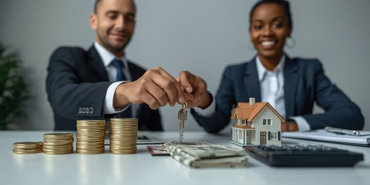 Two businesspeople hold keys over a table with money, a house model, and financial documents. Concept of real estate investment, property ownership, and financial success. - Powered by Adobe