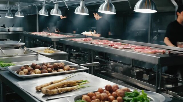 A view of a professional kitchen with rows of fresh food items displayed, ready for preparation.