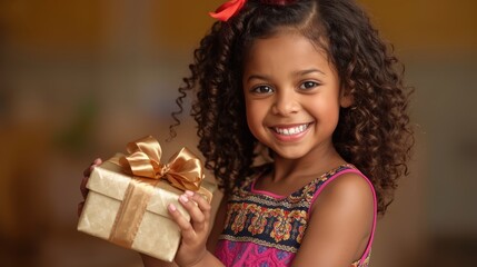 A young girl with curly hair smiles while holding a wrapped gift. Concept of celebration, generosity, and childhood joy is beautifully portrayed.