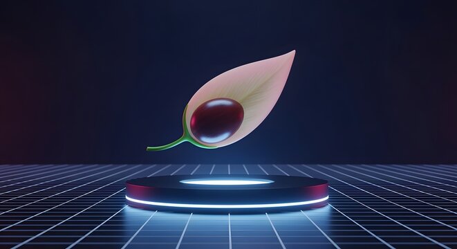Floating stylised seed in futuristic environment, neon highlights and glowing edges, conceptual 3D render.