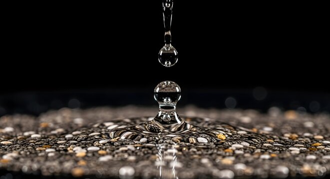 Water droplets hitting chia seed surface, frozen mid-motion, dark background, high-speed macro photography.