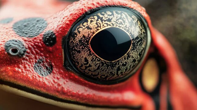 Macro of a red pond frog with a gold and black eye pattern.