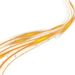 Abstract glowing golden light trails with sparkling particles flowing dynamically on a transparent background, creating a sense of energy and motion.