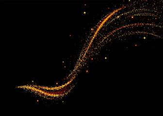Abstract golden glowing light streak with sparkling particles swirling and flowing on a dark black background