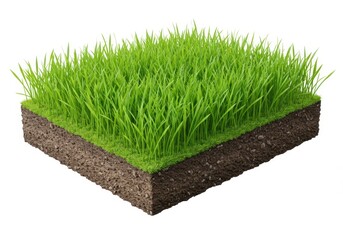 Detailed cross-section view of healthy green grass growing on layered soil, isolated and floating against a clean white background ,fresh ,organic ,earth
