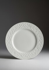 Luxurious white porcelain dinner plate featuring intricate, raised ornate patterns, centered against a clean, simple, isolated plain background ,Plate ,tableware ,porcelain
