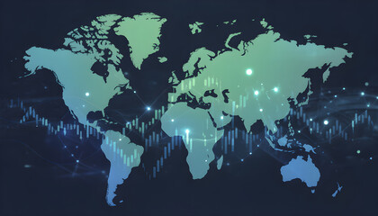 Digital world map with glowing financial graph lines and global connectivity theme               


