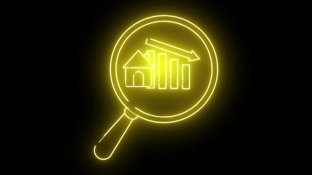A yellow neon icon shows a magnifying glass examining a house chart bars and a downward arrow